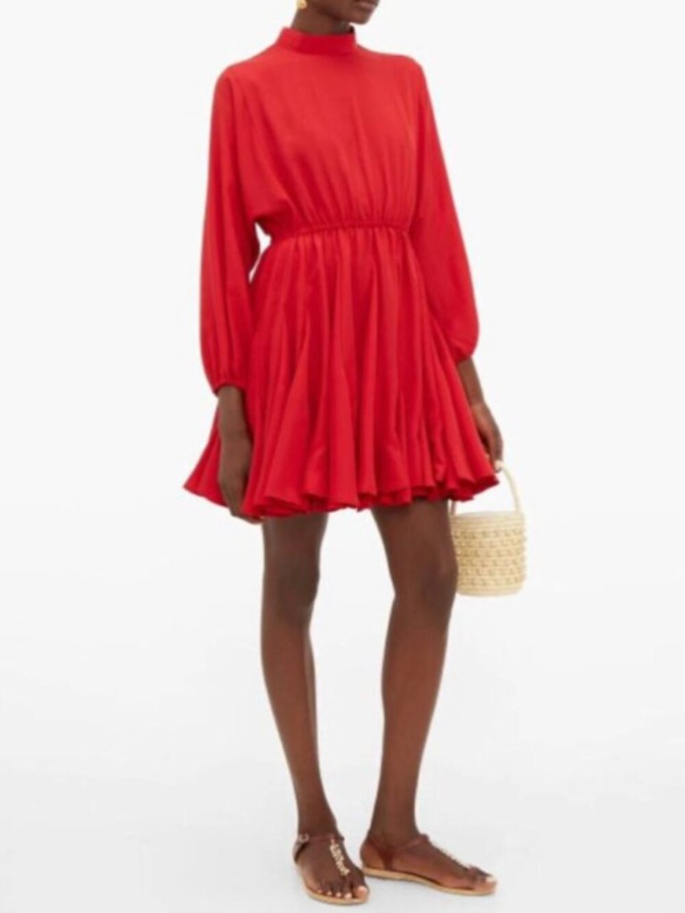 Rhode Caroline Godet Crepe Mini Dress Ruby Red High Neck Size XS